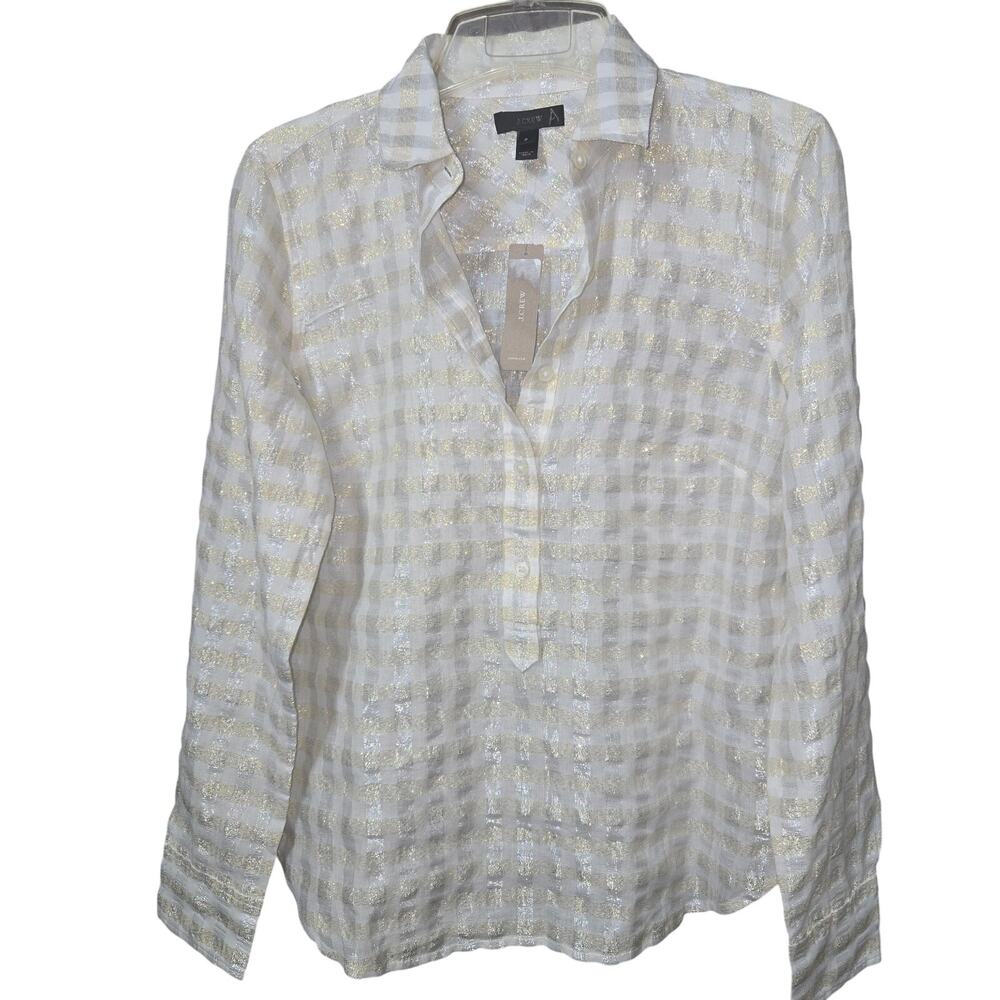 J.Crew Metallic Lattice Woven Top Size 2 1/4 Button Semi Sheer NWT